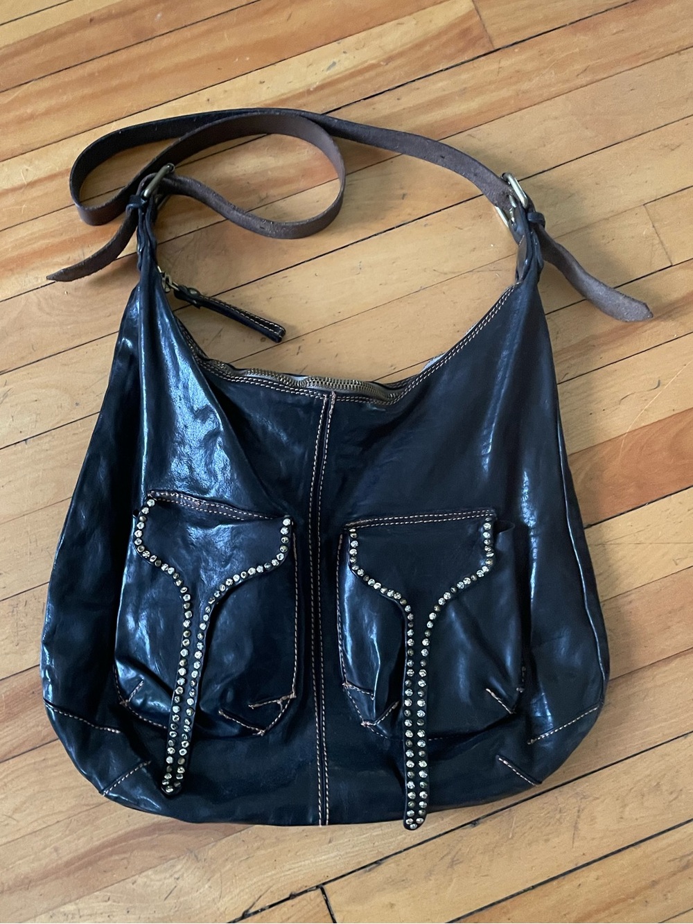 Campomaggi Black Leather Shoulder Bag with Studded Front Pockets